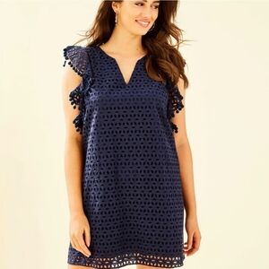 Navy Dress Lilly Pulitzer Womens XS Astara Eyelet Flutter Sleeve Excellent